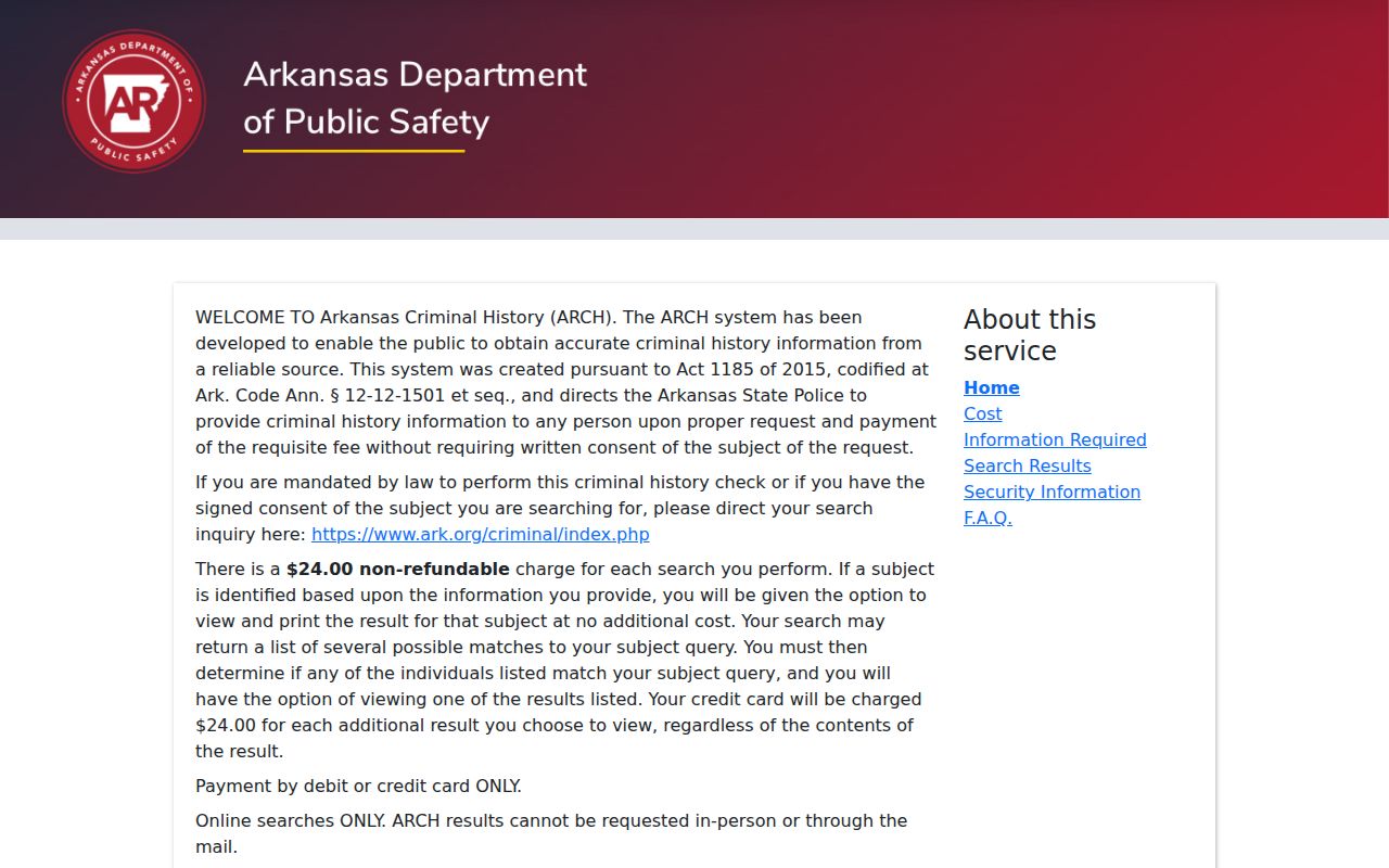 Arkansas Criminal History ARCH official search information page