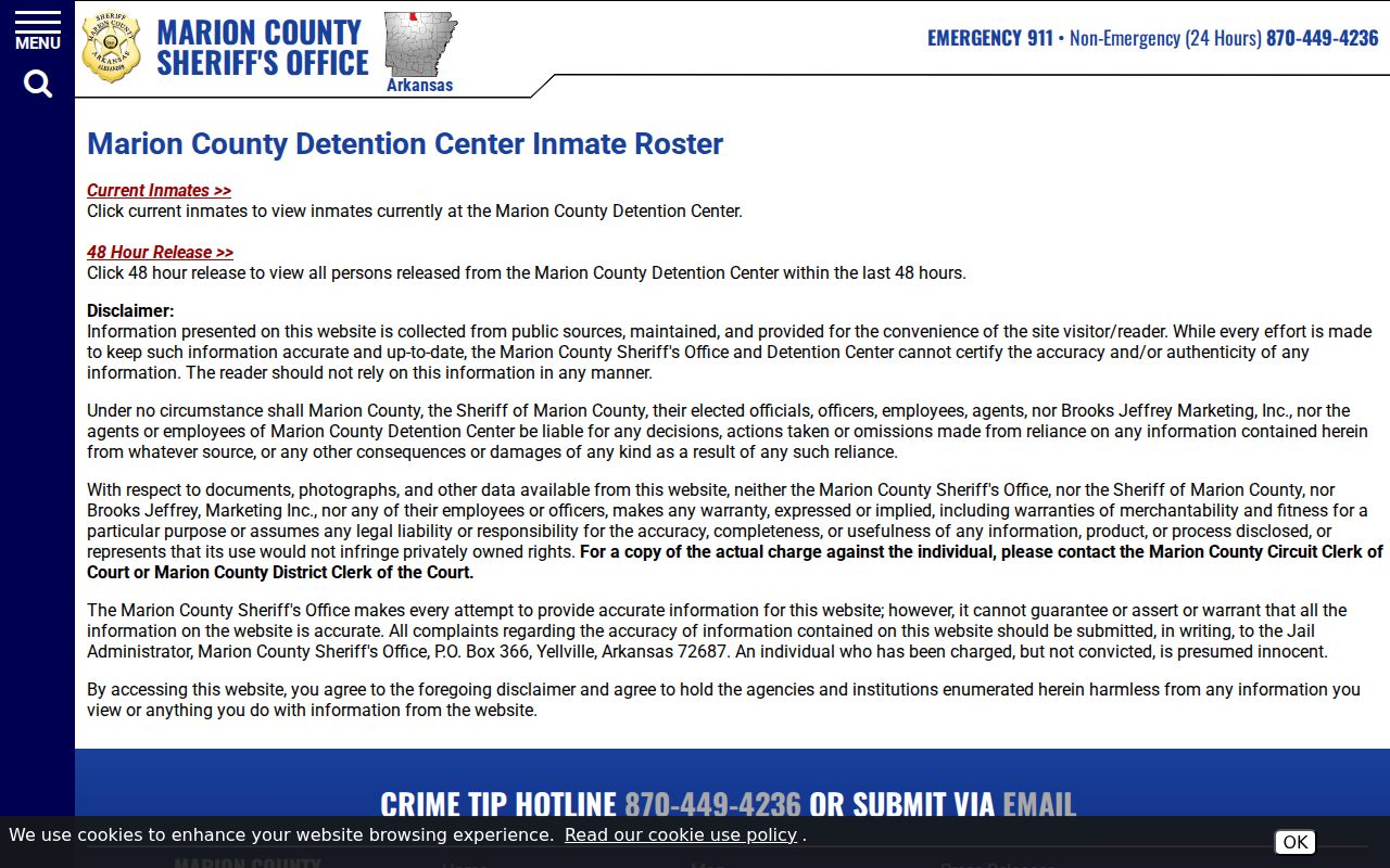 Marion County sheriff roster page with current inmate and recent release choices