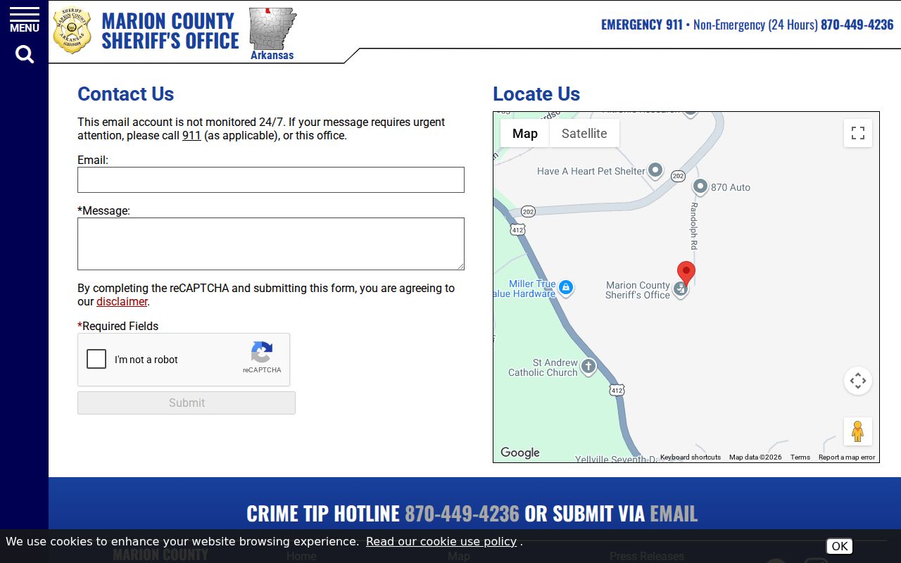 Marion County sheriff contact form and message warnings