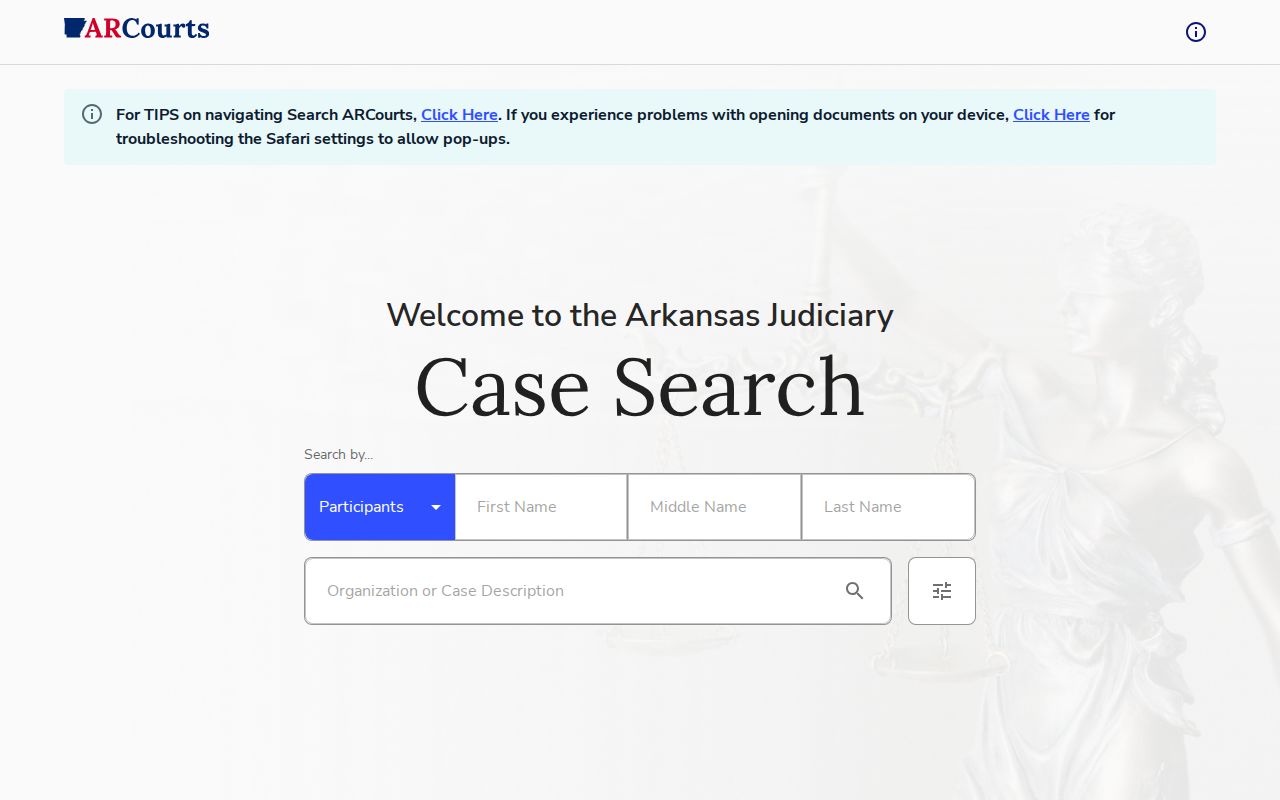 Search ARCourts official participant case search screen
