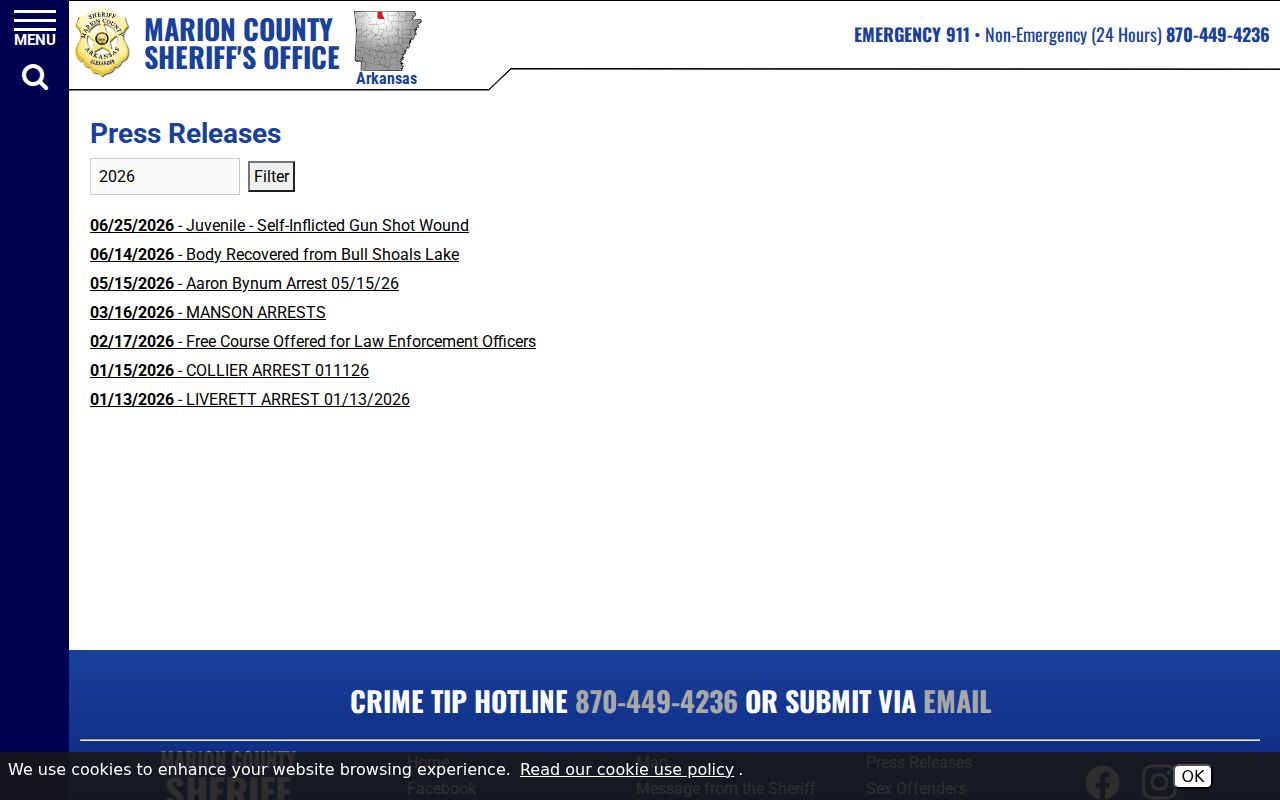 Marion County sheriff press release index with year filters