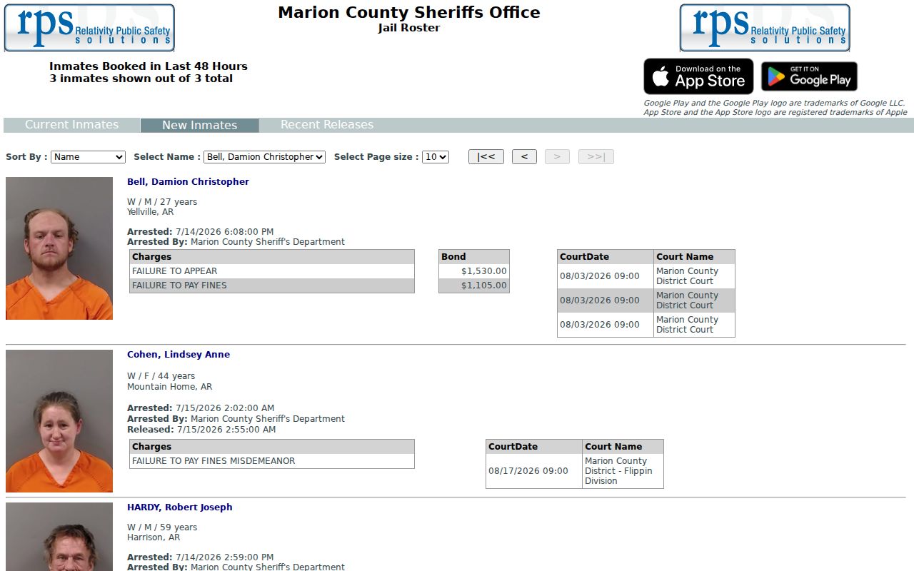 Marion County New Inmates roster interface
