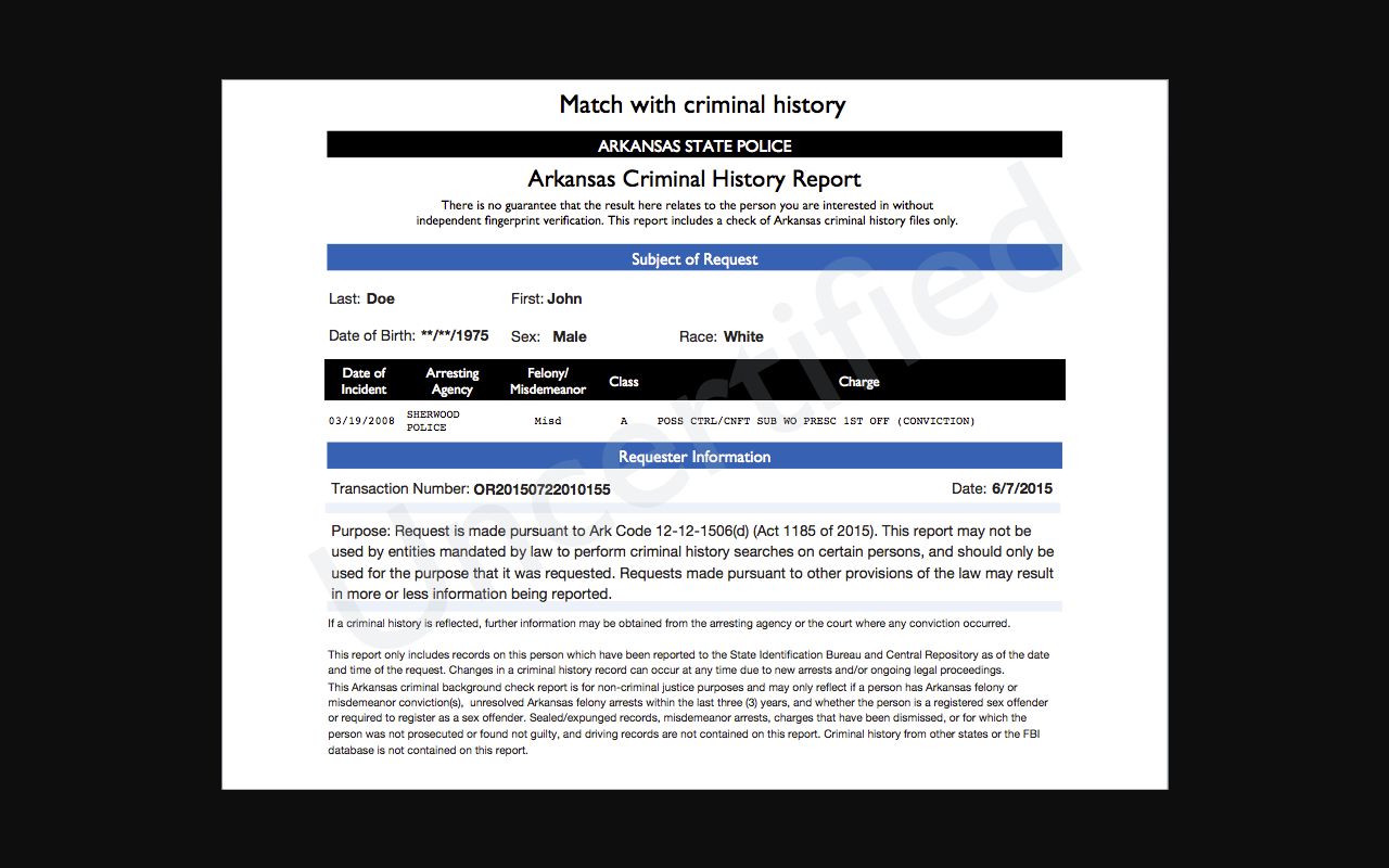 Arkansas Criminal History sample matching report