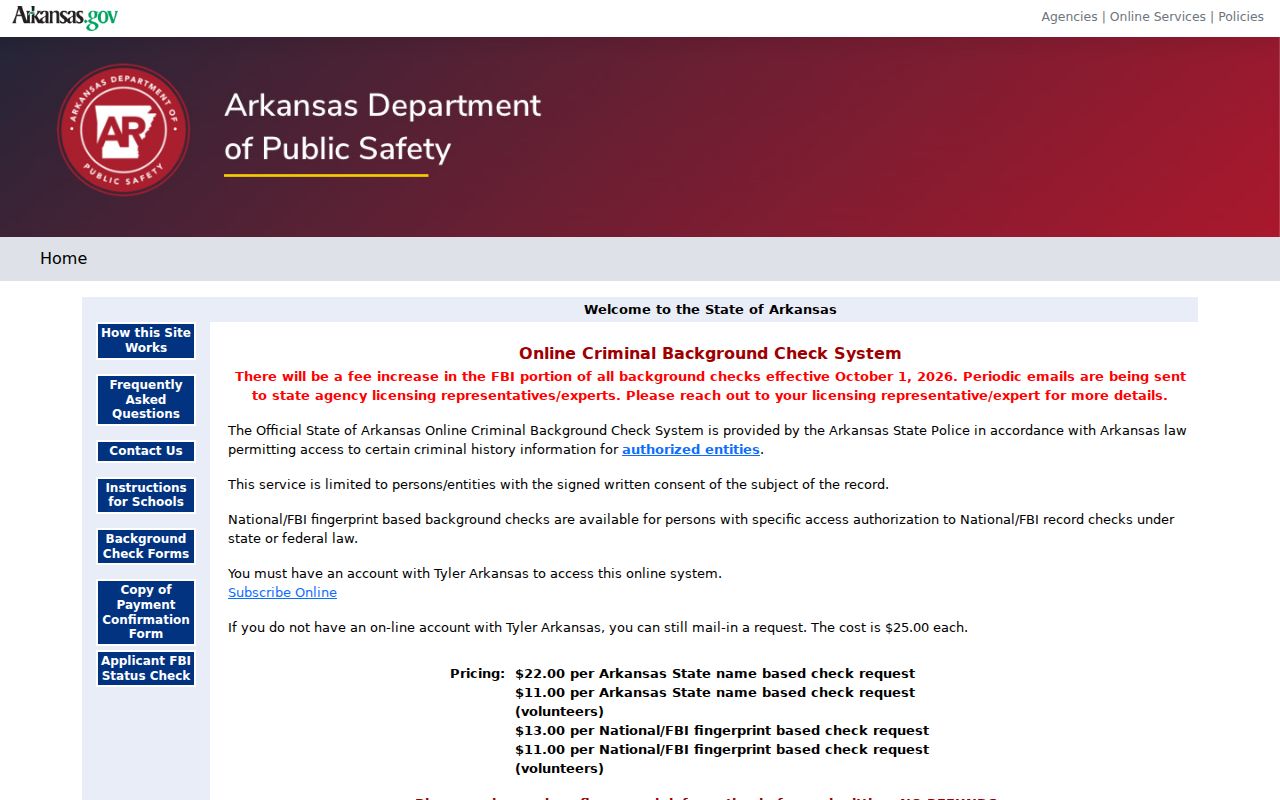 Arkansas Online Criminal Background Check System home page