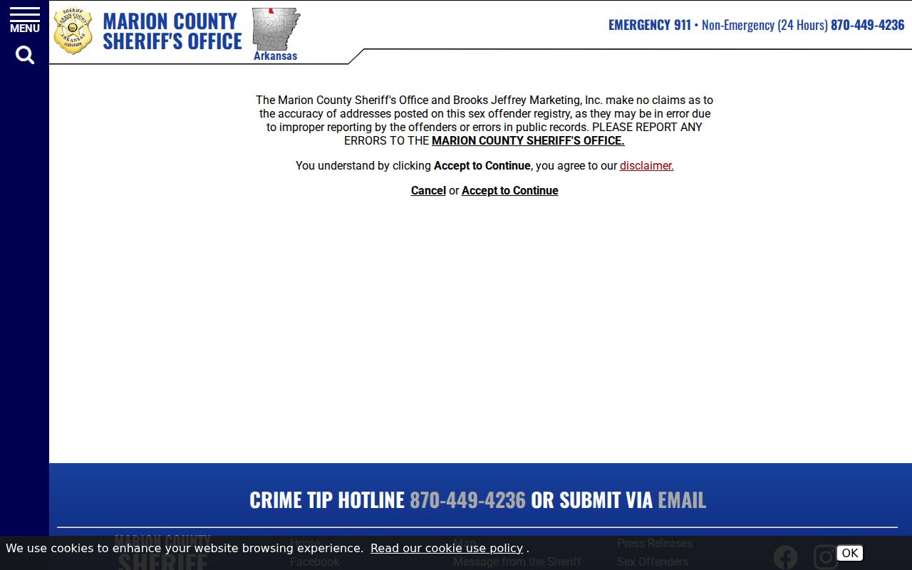 Marion County Sheriff's sex offender registry disclaimer