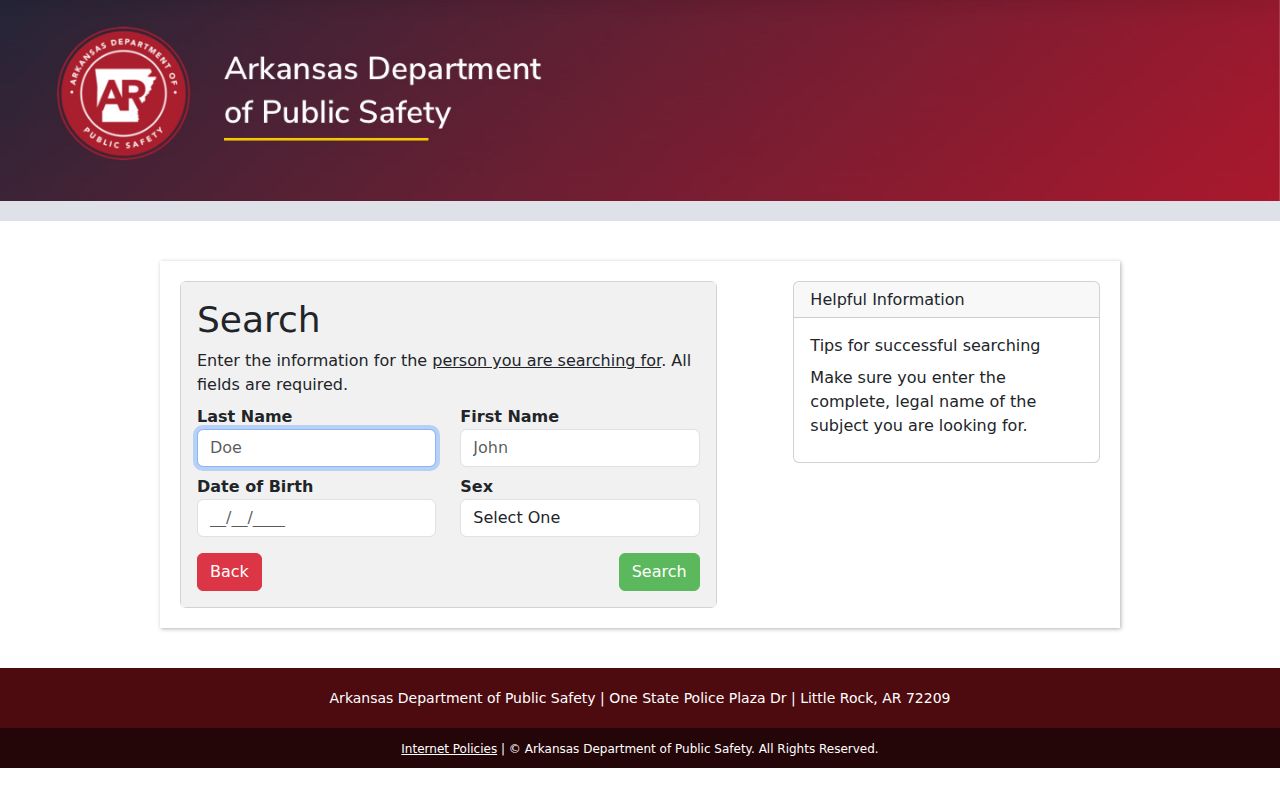 Arkansas Criminal History name search form